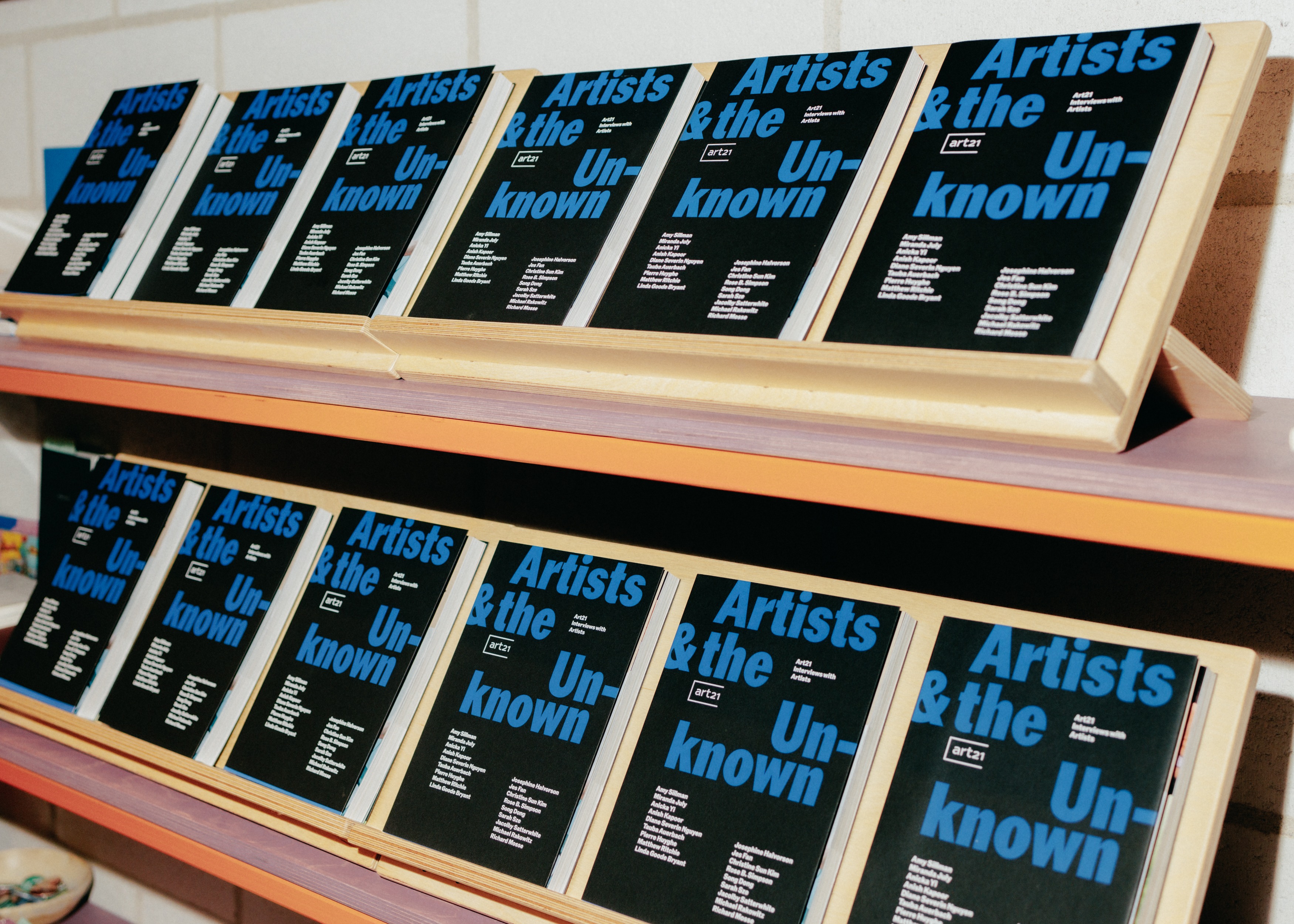 Books titled "Artists & the Unknown" in blue text displayed on shelves, arranged in a rows.