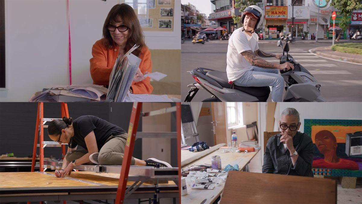 A collage of four photos: a woman looking at papers, a man riding a scooter, a person measuring wood, and a man sitting at a desk with art supplies.