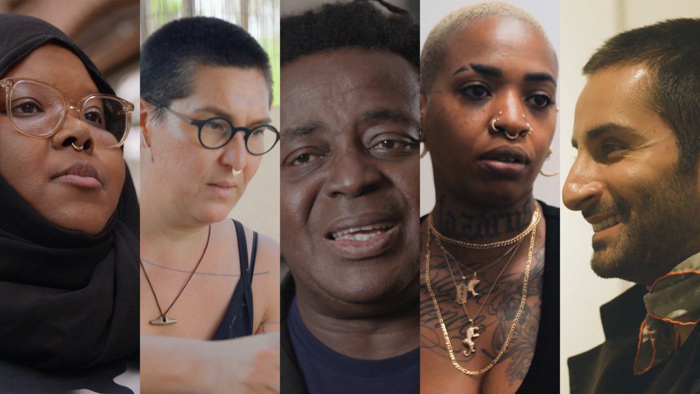 Panels of five portraits of artists from left to right: Kameelah Janan Rasheed, Tanya Aguiñiga, John Akomfrah, Doreen Garner, and Salman Toor.