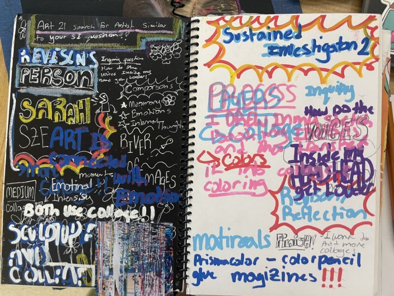 A notebook covered in writing of multicolored ink.