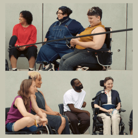 A split screen of a diverse group of seven people, some using wheelchairs, sit in a semicircle outside against a plain concrete wall, engaged in conversation.