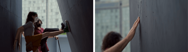 Two images side by side. Left: Two people wearing masks stretch their legs against a gray wall indoors; one uses a cane and both are facing the wall. Right: A hand touches a dark gray concrete wall with a blurred background.